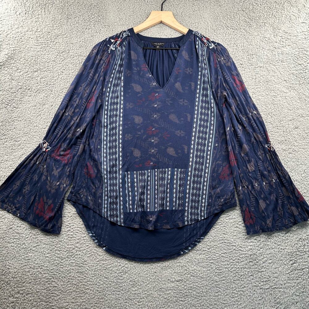 LUCKY BRAND Womens Long Sleeve Boho Top S Small  Blue Embroidered Flare Sleeves